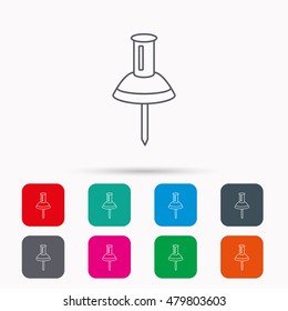 Pushpin icon. Pin tool sign. Office stationery symbol. Linear icons in squares on white background. Flat web symbols. Vector