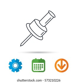 Pushpin icon. Pin tool sign. Office stationery symbol. Calendar, cogwheel and download arrow signs. Colored flat web icons. Vector