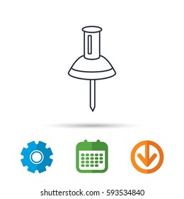 Pushpin icon. Pin tool sign. Office stationery symbol. Calendar, cogwheel and download arrow signs. Colored flat web icons. Vector