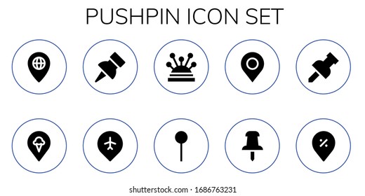 conjunto de iconos de empuje. 10 iconos de pines rellenos. Pin incluido, pin Push, iconos de pines