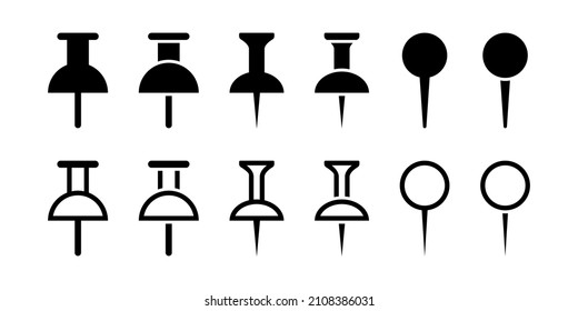 Pushpin Icon Set. Thumbtack Icon Collection. Drawing Pin In Glyph And Outline. Thumb Tack Symbol In Black. Stock Vector Illustration