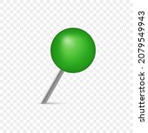 Pushpin with Metal Needle and Green head. Office Thumbtack for Notice Board and Attach Paper on Wall. Plastic Circle Push Pin on Transparent Background. Isolated Vector Illustration.