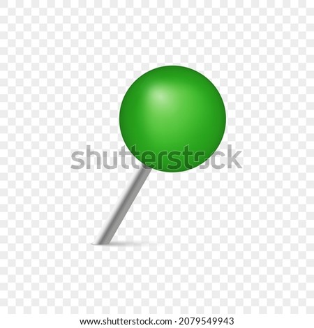 Pushpin with Metal Needle and Green head. Office Thumbtack for Notice Board and Attach Paper on Wall. Plastic Circle Push Pin on Transparent Background. Isolated Vector Illustration.