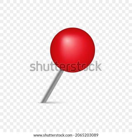 Pushpin with Metal Needle and Red head. Plastic Circle Push Pin on Transparent Background. Office Thumbtack for Notice Board and Attach Paper on Wall. Isolated Vector Illustration.