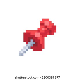 Pushpin. Red Pin Pixel Art Icon. Knitted Design. 8-bit Sprites. Isolated Vector Illustration. Old School Computer Graphic Style.