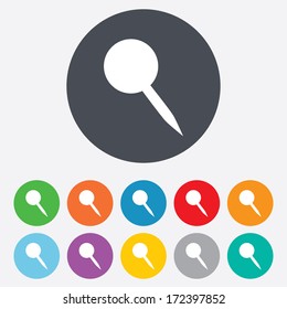 Pushpin sign icon. Pin button. Round colourful 11 buttons. Vector