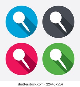 Pushpin sign icon. Pin button. Circle buttons with long shadow. 4 icons set. Vector