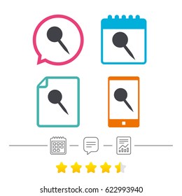 Pushpin sign icon. Pin button. Calendar, chat speech bubble and report linear icons. Star vote ranking. Vector