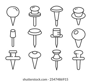 Ilustración de línea de conjunto de iconos de pin y chincheta
