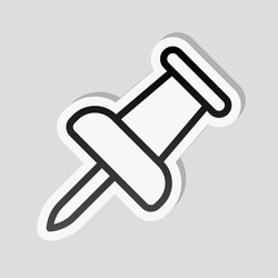 Pushpin Or Thumbtack, Office Push Pin, Simple Icon. Linear Sticker, White Border And Simple Shadow On Gray Background