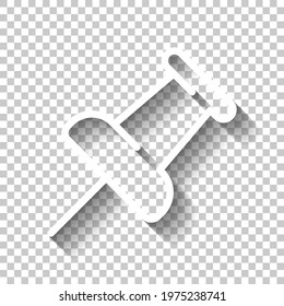 Pushpin or thumbtack, office push pin, simple icon. White linear icon with editable stroke and shadow on transparent background