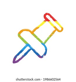 Pushpin or thumbtack, office push pin, simple icon. Drawing sign with LGBT style, seven colors of rainbow (red, orange, yellow, green, blue, indigo, violet