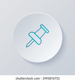 Pushpin or thumbtack, office push pin, simple icon. Cut circle with gray and blue layers. Paper style
