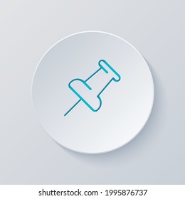 Pushpin or thumbtack, office push pin, simple icon. Cut circle with gray and blue layers. Paper style