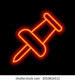 Pushpin or thumbtack, office push pin, simple icon. Orange neon style on black background. Light linear icon with editable stroke