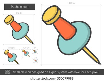 Pushpin vector line icon isolated on white background. Pushpin line icon for infographic, website or app. Scalable icon designed on a grid system.