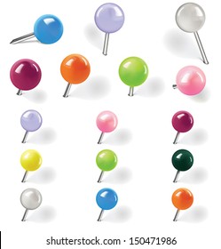 Pushpins on white background. Vector illustration