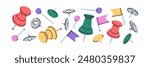 Pushpins, thumbtacks set. Different push pins, attaching buttons, needles with heads, knobs, flag pointers, thumb tacks for marking, pricking. Flat vector illustrations isolated on white background