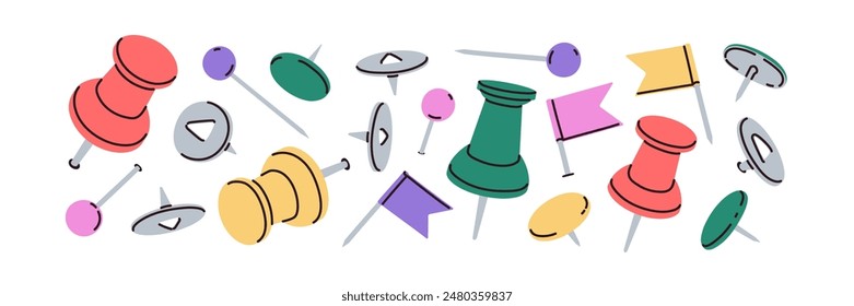 Pushpins, thumbtacks set. Different push pins, attaching buttons, needles with heads, knobs, flag pointers, thumb tacks for marking, pricking. Flat vector illustrations isolated on white background