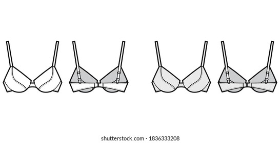 Push-up padded bra lingerie technical fashion illustration with full adjustable straps, molded cups, hook-and-eye closure. Flat template front, back white color style. Women men underwear CAD mockup