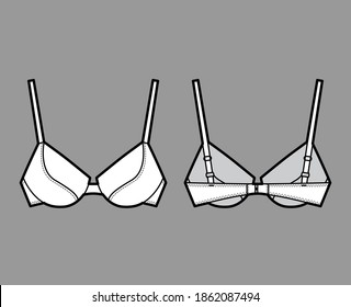 Ilustración técnica de la moda de la lencería del sujetador acolchado de presión con correas ajustables completas, vasos moldeados, cierre de gancho y ojos. Delantero de plantilla plana, estilo de color blanco dorado. Mujeres hombres ropa interior maquillaje CAD