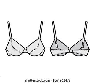 Push-up padded bra lingerie technical fashion illustration with full adjustable straps, molded cups, hook-and-eye closure. Flat template front, back grey color style. Women men underwear CAD mockup