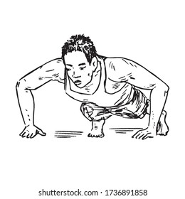 Push-up workout, man front view, hand drawn doodle, drawing in gravure style, sketch illustration