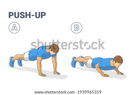 Push-Ups Exercise Man Silhouette Colorful Guidance Illustration. Concept of Boy Working at Home on His Triceps a Young Male in Sportswear Doing Push-up in Two Stages. Foto d'archivio © 