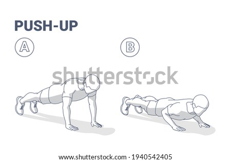 Push-Ups Exercise Man Silhouette Colorful Guidance Illustration. Concept of Boy Working at Home on His Triceps a Young Male in Sportswear Doing Push-up in Two Stages.