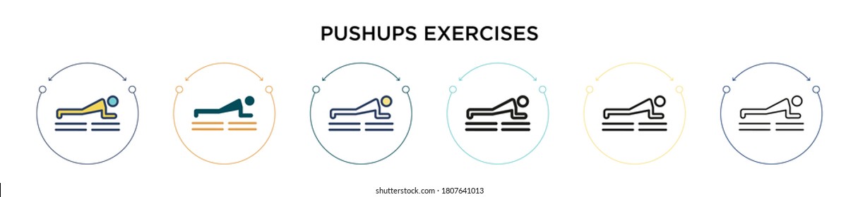 Pushups exercises icon in filled, thin line, outline and stroke style. Vector illustration of two colored and black pushups exercises vector icons designs can be used for mobile, ui, web