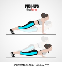 Pushups. Sport exercises. Stage of push-ups. Exercises with free weight. Illustration of an active lifestyle. Vector sketch.