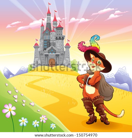 Puss in boots and background. Cartoon character, vector illustration. 