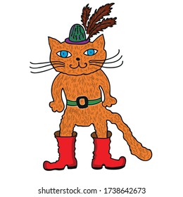 Puss in boots and hat on a white background children`s drawing.