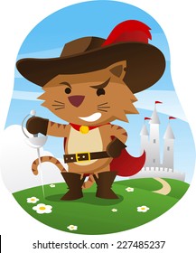 Puss in boots with wise funny face and sword, with castle behind him, hat with feather, cape, sword, and belt vector illustration.