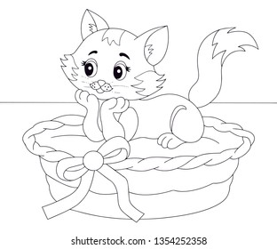 Puss coloring book isolated on white background. Kitty lies in a basket. Vector funny illustration with cat