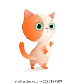 Puss, the cute and furry red baby kitten waves Hi! Adorable domestic feline is a lovable pet for kids and a funny character. Vector cartoon illustration, isolated clipart for children.