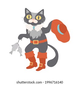 Pussy in Boots Holding Fish as Fabulous Medieval Character from Fairytale Vector Illustration