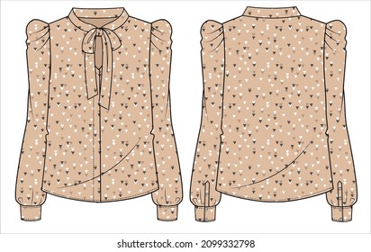 Pussy bow tie up with leg O mutton sleeves woven top for women office wear in editable vector file