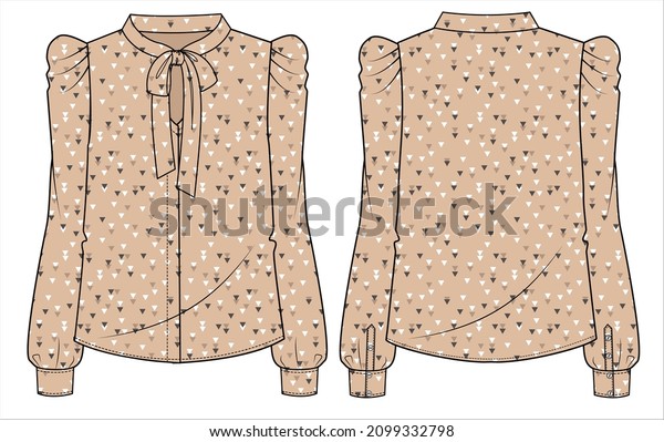 Pussy bow tie up with leg O\
mutton sleeves woven top for women office wear in editable vector\
file