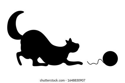 Pussy cat playing with knitted woolen ball isolated black silhouette. Vector illustration in flat style of black kitten domestic playful animal with yarn thread, happy tabby play with toy on white