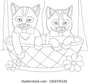 Pussy coloring book isolated on white background. Kittens in a basket. Vector funny illustration with cats