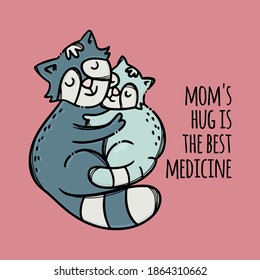 PUSSY HUG HER SON Mothers Day Parental Relationship Cute Animals Friend To Friend Handwriting Text Hand Drawn Clip Art Vector Illustration Set For Print