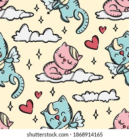 PUSSY ON CLOUD Cat Shoots Archery To Pussycat Sleeping On Cloud In Yellow Sky Background Hand Drawn Cartoon Seamless Pattern Vector Illustration For Print