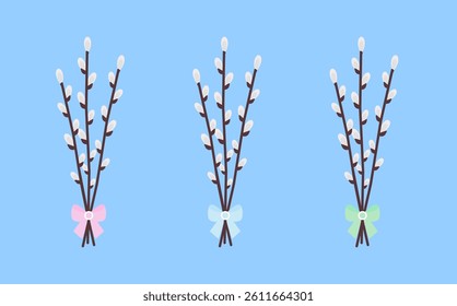 Pussy willow branches blossom isolated on a blue background. Symbol of Happy Easter. Vector illustration, colored icon. Flat style.