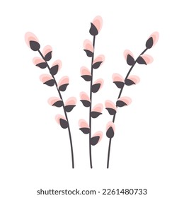 Pussy willow branches with budding buds. Spring flower in Easter season. For greeting cards, posters, banners, packaging. Vector spring holiday illustration in cartoon flat style