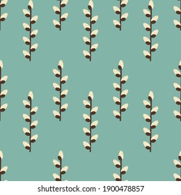 Pussy Willow Catkins On Spearmint Colour Background Seamless Pattern