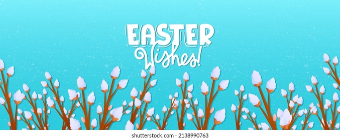 Pussy willow y texto de saludo para las vacaciones de Pascua. Diseño de banner vectorial para productos de bienvenida y publicidad.