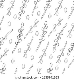 pussy willow seamless pattern on white background in black and white. pussy willow background for packing. Hand drawn illustration of pussy willow. Black and white line art illustration