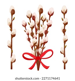 Pussy willow spring branch twig Easter flat set. Soft fluffy blooming holiday plant decoration bouquet bundle tied red ribbon bow needle blossom bud tree twig element greeting card sticker isolated