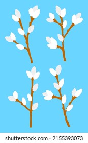 Pussy willow stem spring plant set flat isolated illustrations